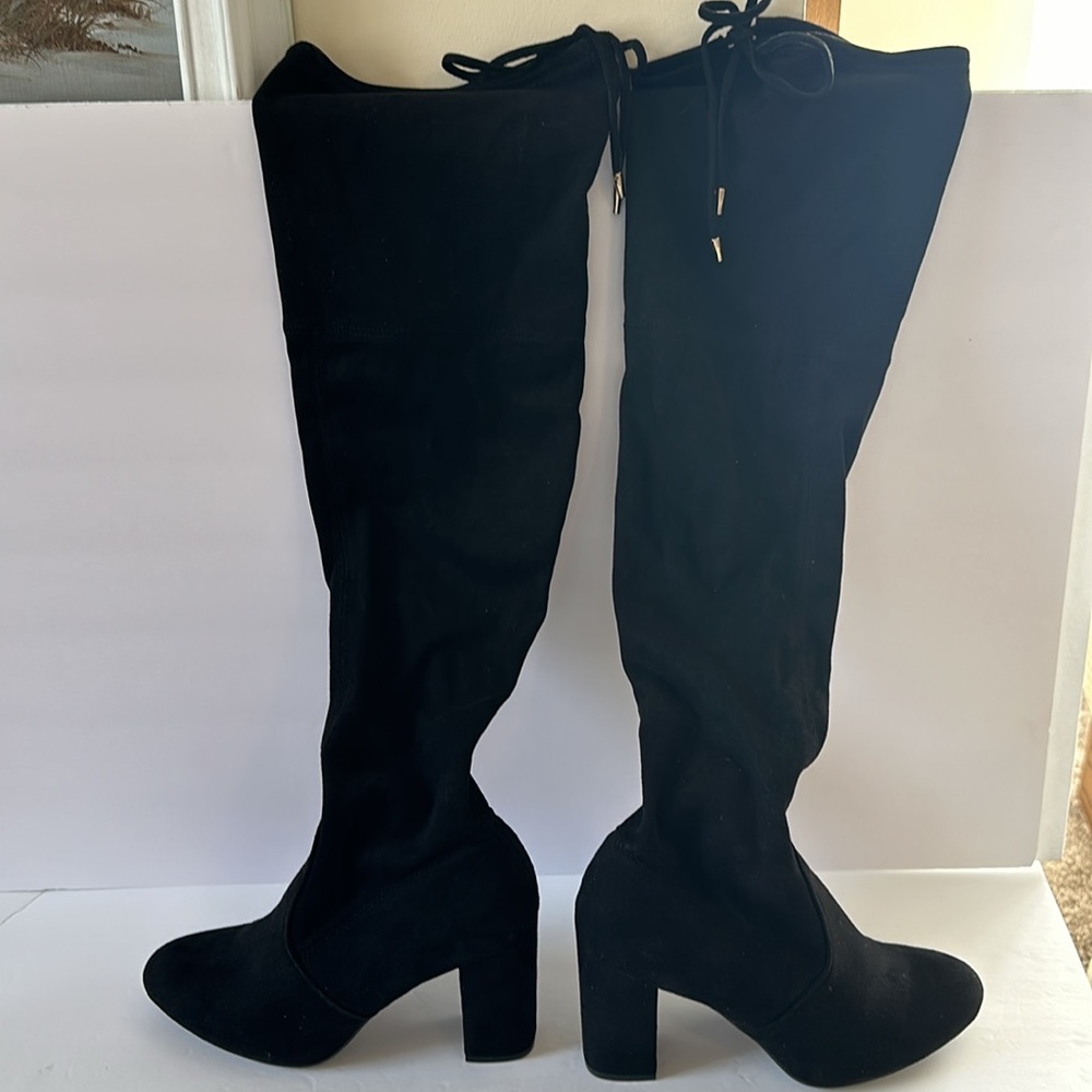 Apt 9 Over the Knee Boots Black Suede 8 1/2 Block Heel Side Zipper Cute Side Tie